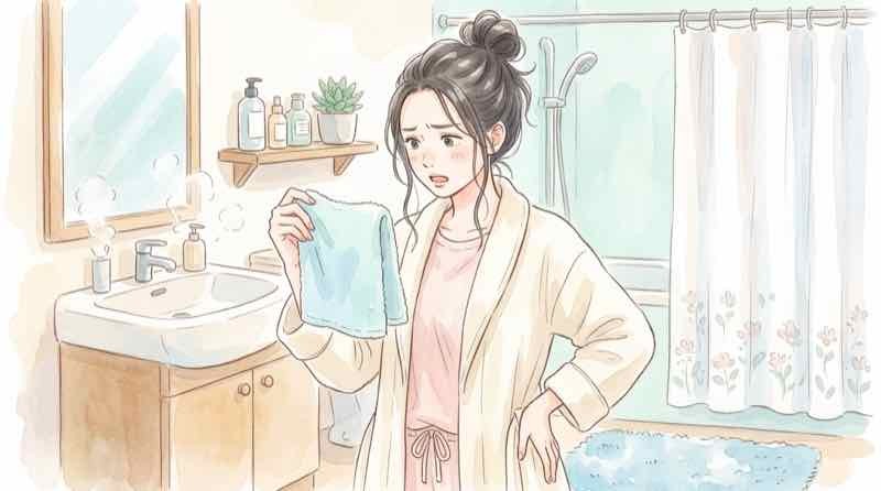 小さめタオルとロングヘアの相性に戸惑う女性の風呂上がりのワンシーン