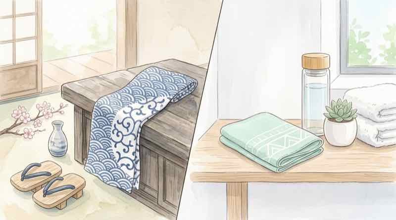 江戸時代風の手ぬぐいと現代の小さめタオルが並ぶ対比イメージ