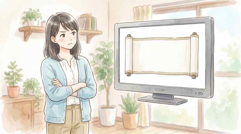 朝ドラブラッサムの原作を確認する女性のイラスト
