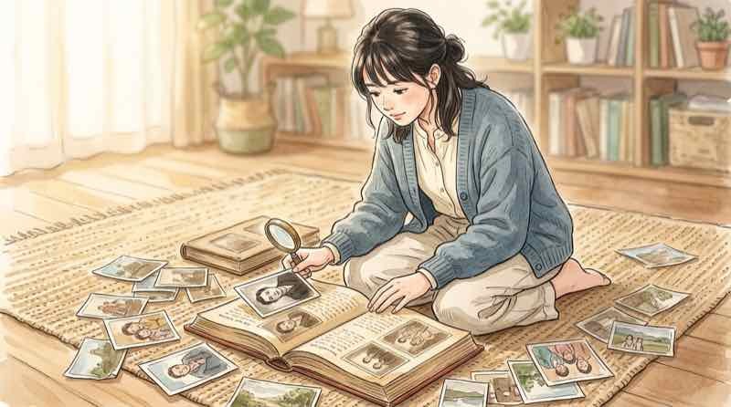 宇野千代の実話とドラマの違いを本で調べる様子