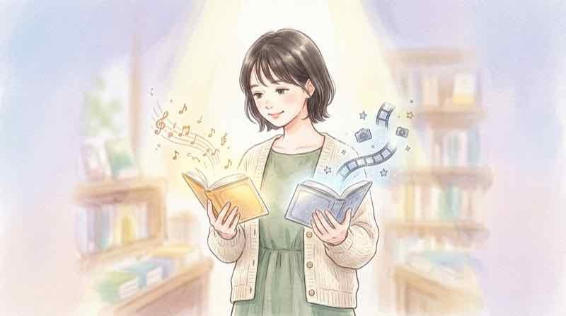 綿矢りさの小説とYOASOBI主題歌の関係を示す本と音符
