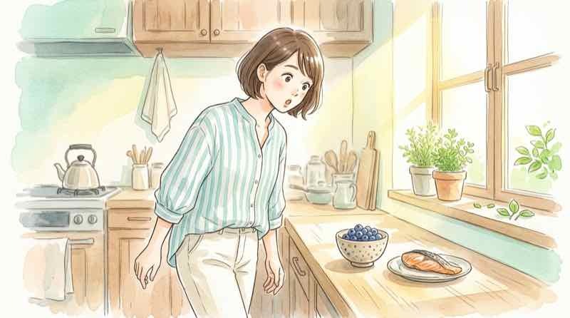 脳のゴミ食べ物を調べる女性と食卓に並ぶ青魚や野菜のイメージ