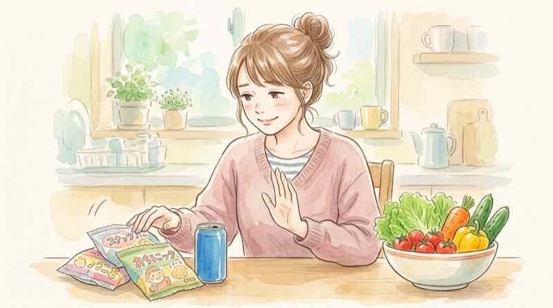 脳に負担をかける超加工食品や加糖飲料を見直す女性のイメージ