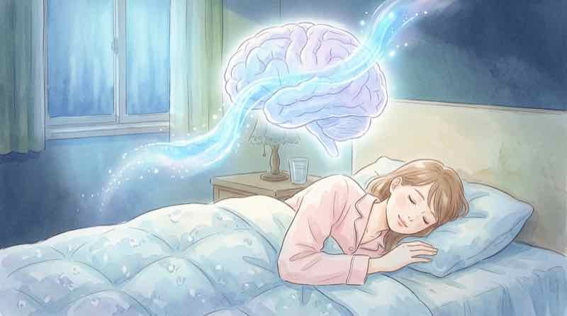 睡眠中に働く脳のグリンパティックシステムをイメージした寝室の様子