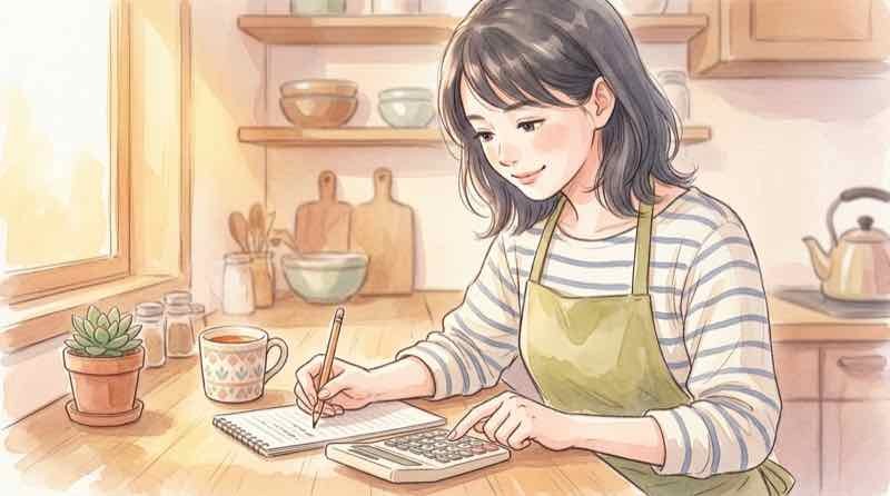 円高になった場合の旅行代を電卓で計算してみる女性