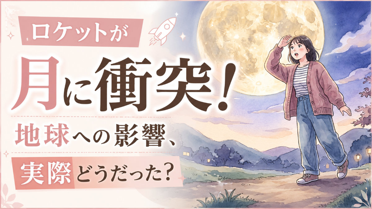 ロケットが月に衝突する瞬間を見上げる女性と月のイラスト
