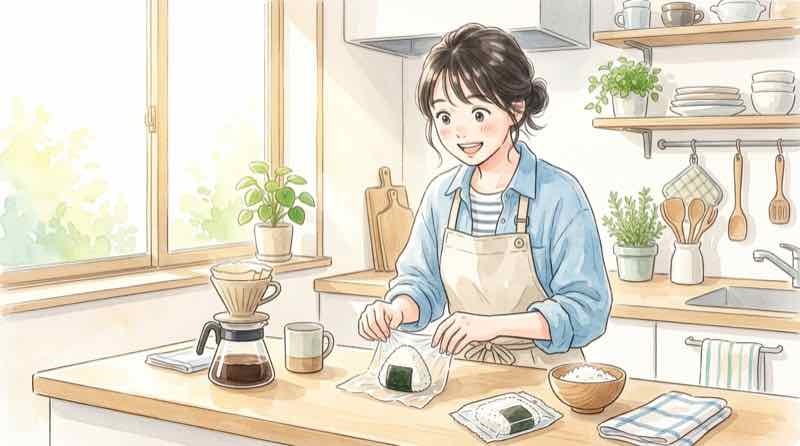 コーヒーフィルターでおにぎりを包む裏技を試す笑顔の女性