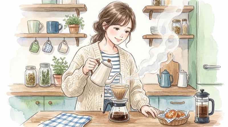 ポーチドエッグ コーヒーフィルター 折り方を確認する様子