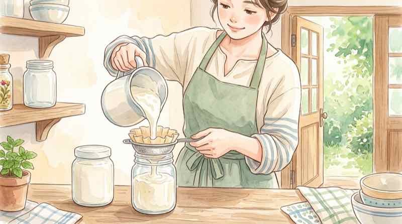 揚げ油こし 水切りヨーグルトを台所で仕込む様子