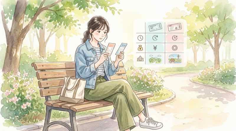 コミケ108当日券の仕組みを表で確認する女性のイラスト