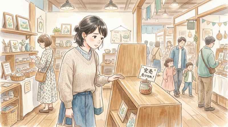 コミケ108午後入場で完売した棚を見つめる参加者のイラスト
