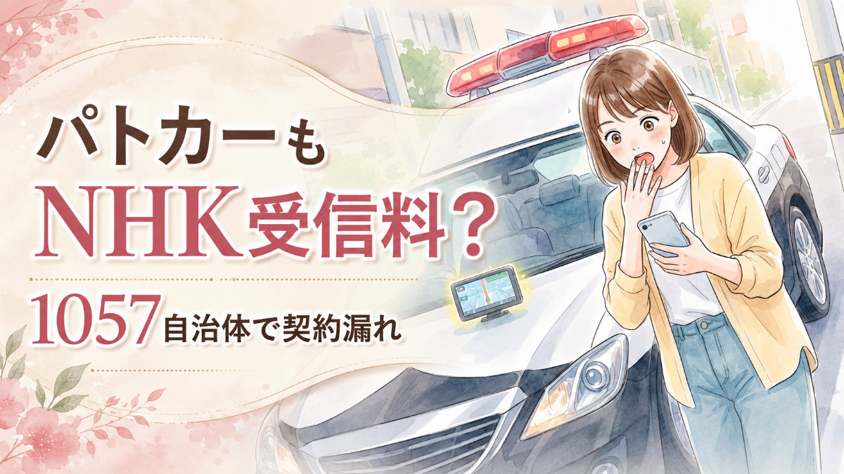 パトカーNHK受信料の疑問を抱く女性と公用車カーナビのイメージ