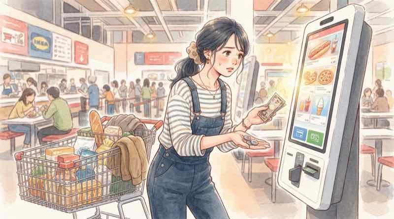 コストコ フードコート タッチパネル 支払いを調べてメモを取る女性