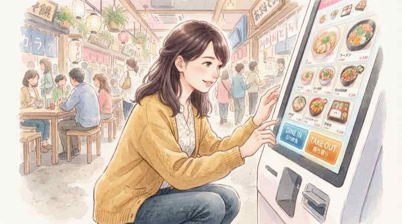 コストコ フードコート タッチパネルで店内飲食か持ち帰りを選ぶ画面