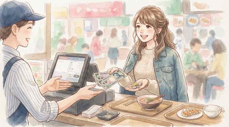 コストコ フードコート 現金とMastercardのカードを見比べる手元