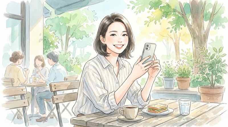 昼休みにカフェでNVIDIA株の値動きを笑顔でチェックする女性
