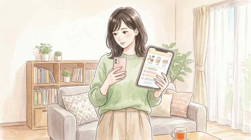 複数の証券会社アプリを見比べながら首をかしげる女性