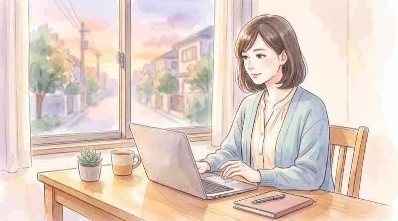 指値注文の画面を確認しながら落ち着いて考える女性