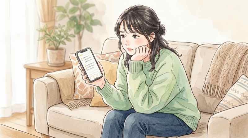 スマホ 遺言のメモ画面を見て困った表情を浮かべる女性