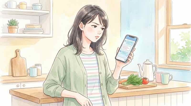 AI 遺言書アプリの画面をスマホで確認する女性