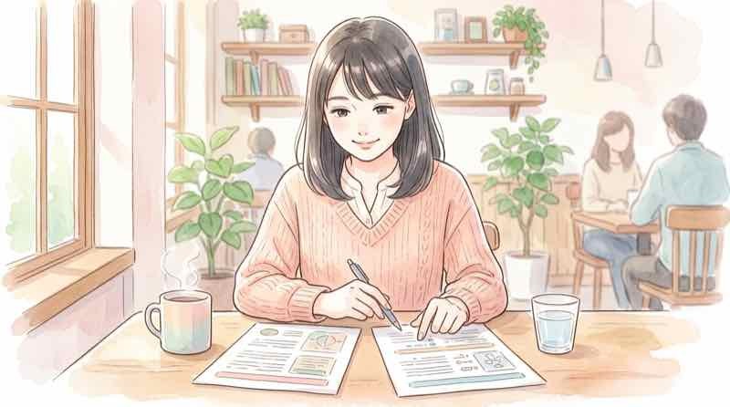 公正証書遺言と自筆証書遺言の資料を見比べる女性
