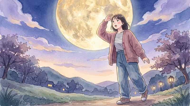 ロケットが月に衝突する瞬間を見上げる女性と月のイラスト