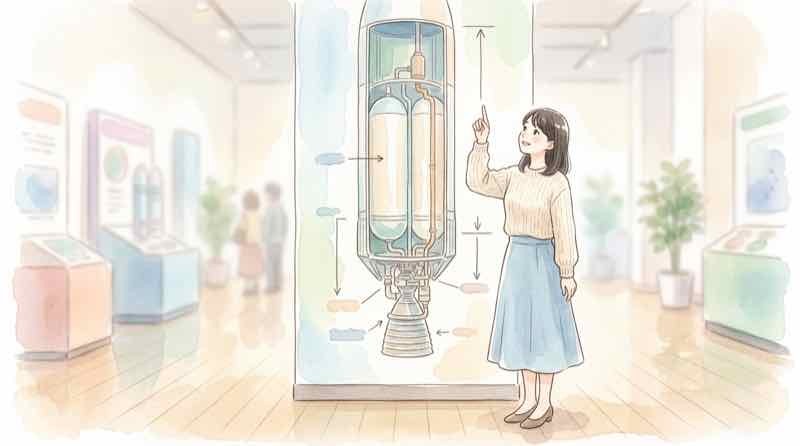 Falcon9ロケットの上段の大きさを見比べる女性