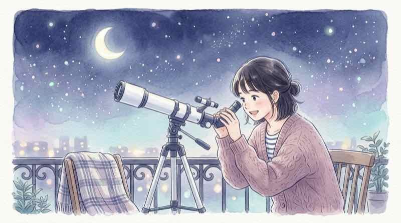 月に広がるクレーターと塵を望遠鏡で見上げる女性