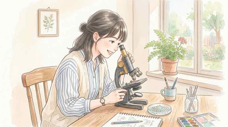 月の砂レゴリスの鋭さを顕微鏡でのぞき込む女性