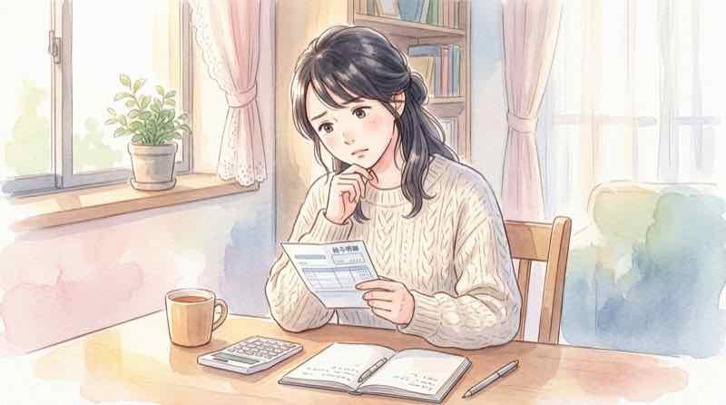 給料明細を見比べてボーナスの差に気づくパートの様子