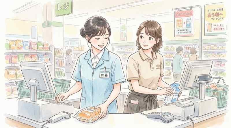 レジ打ちをする正社員とパートを見比べる様子