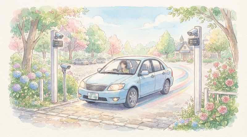 ゲートレス 駐車場でカメラがナンバーを読み取る入口のイラスト
