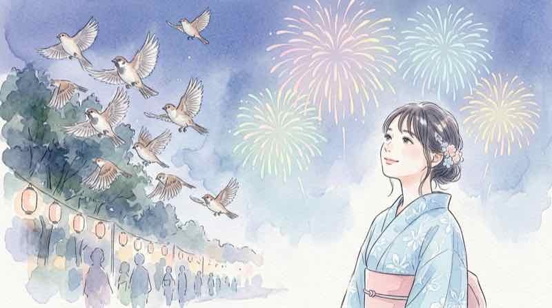 花火 鳥 夜空を見上げる女性と一斉に飛び立つ鳥の群れのシルエット