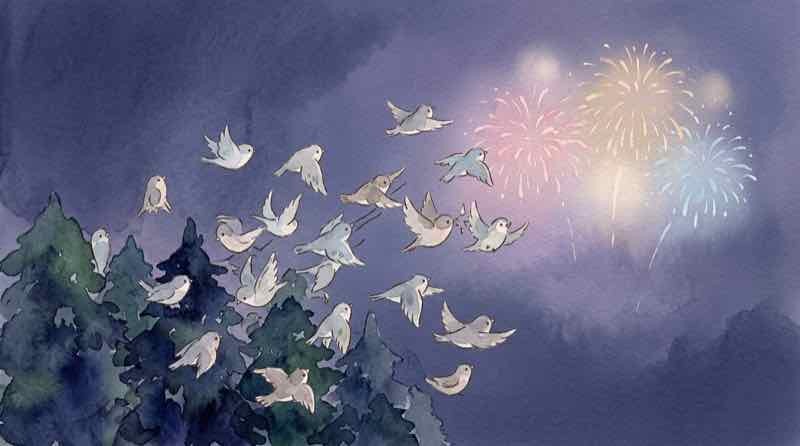 花火 鳥 死ぬ 夜空の下で羽ばたく鳥の群れのイラスト