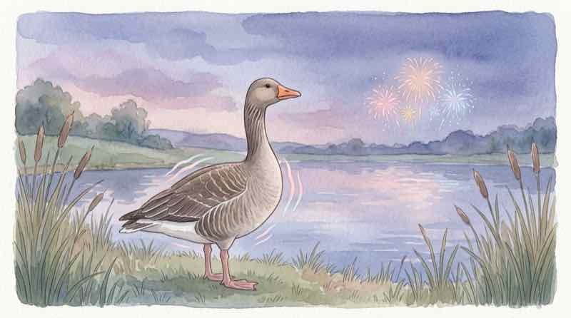 花火 鳥 心拍数 湖畔で羽を広げるガンの群れ
