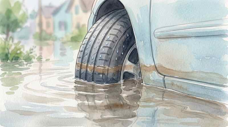 水没車 修理費の目安がひと目でわかる浸水した車と冠水道路のイメージ