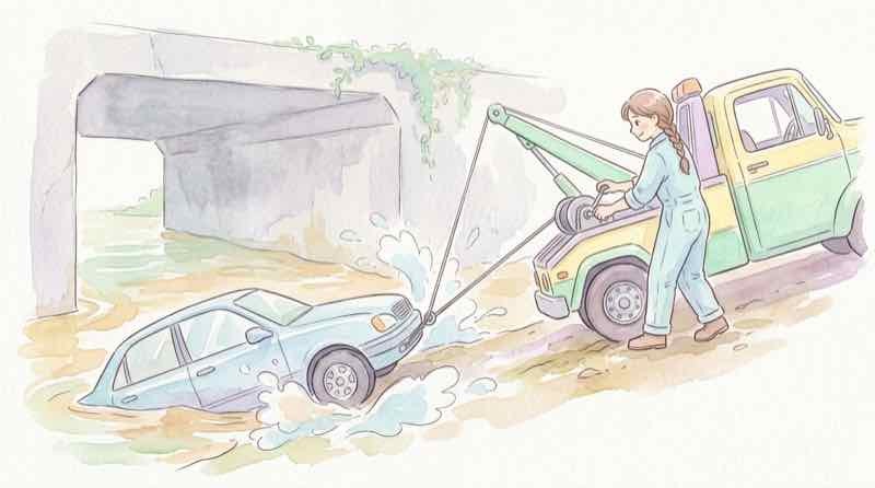 水没車のレッカー移動を手配する様子