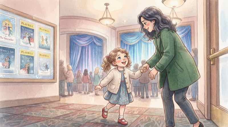 劇団四季アナ雪を子連れで観劇する家族が劇場ロビーで開演を待つ様子