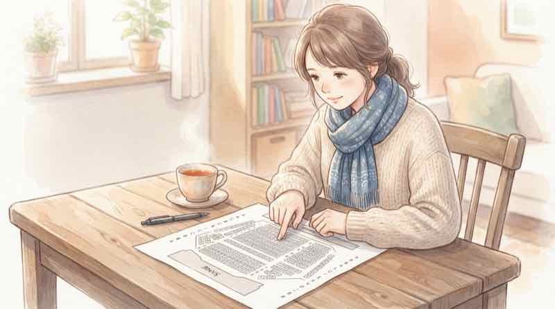 劇団四季アナ雪の子供の座席選び、劇場の座席表を見ながら通路側席を指さす親