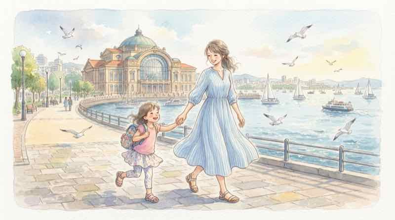 劇団四季アナ雪の子連れ当日スケジュール、竹芝の劇場へ向かって歩く親子