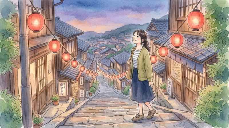 九份の坂道と赤い提灯を見上げる女性