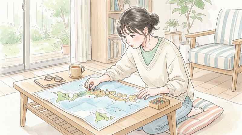 千と千尋 モデル地の地図を広げて確認する女性
