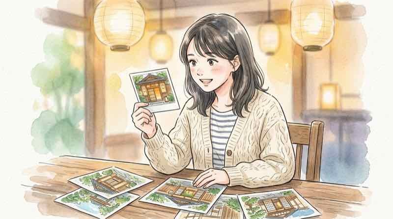 複数の温泉旅館の写真を見比べて驚く女性