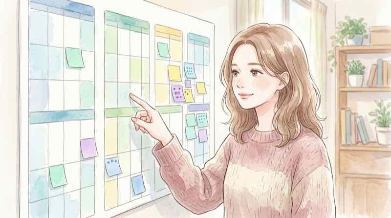 暦年贈与7年ルールのカレンダーを指でたどりながら確認する女性