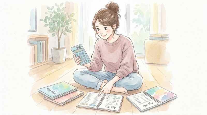 110万円贈与の効果を年代別に電卓で確認する女性