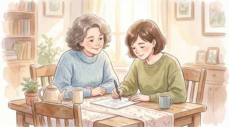 相続時精算課税の書類にサインする親子の手元