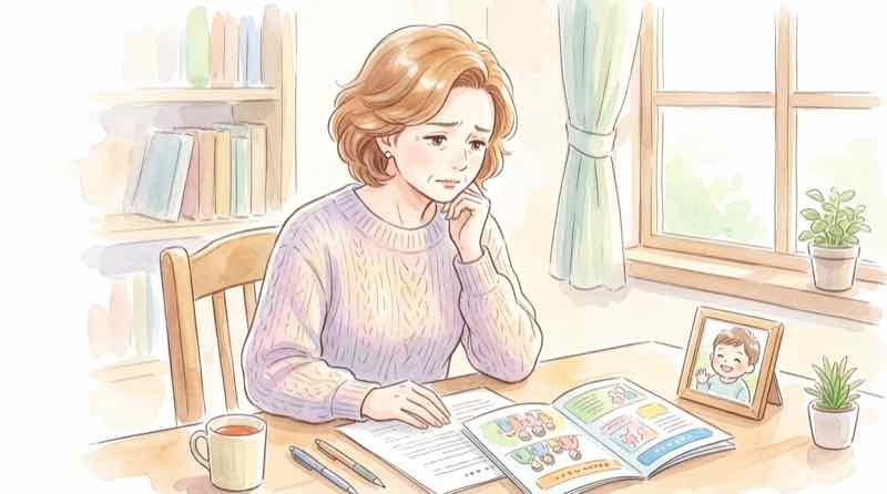 孫への贈与と生命保険の関係を心配そうに調べる女性