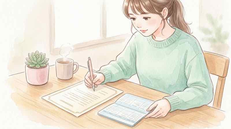 贈与契約書と通帳を並べてチェックする女性の手元
