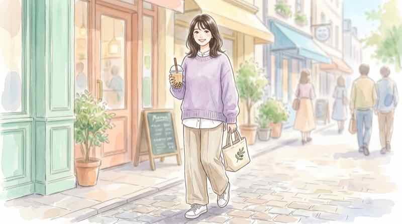 カフェで使いやすいコンパクトなハンドバッグと飲み物