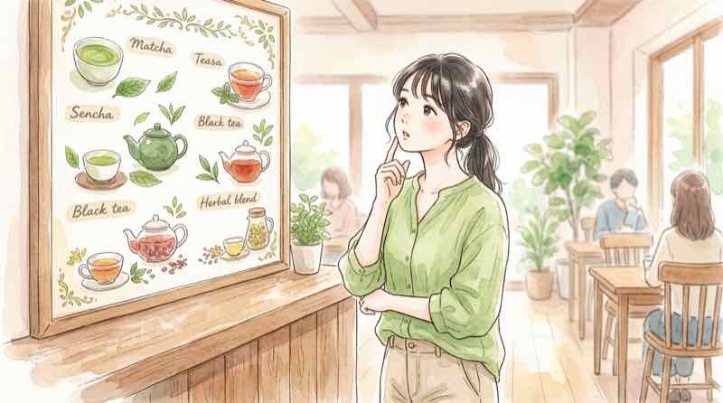 初めてゴンチャで注文するために迷う女性とメニュー表